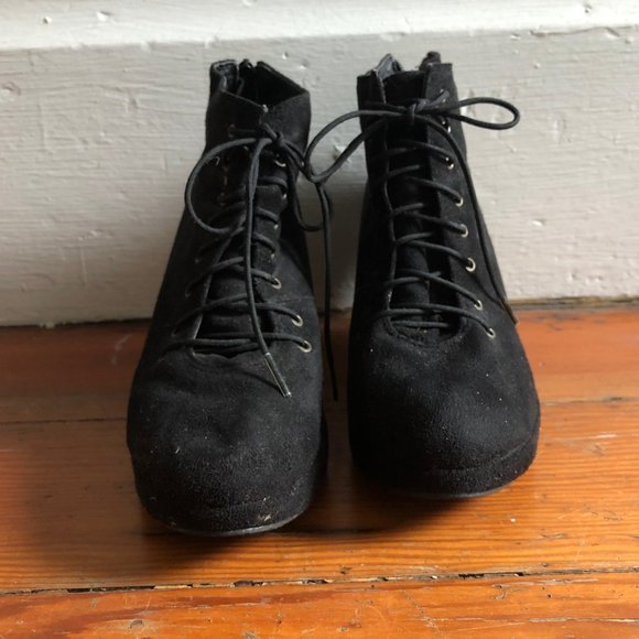 Black Suede Lace up Leather Platform Booties - Picture 2 of 5
